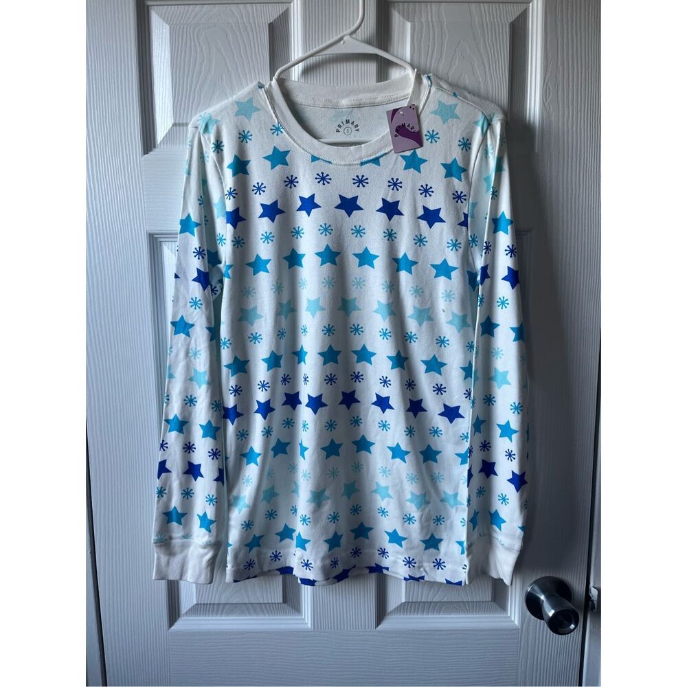 Primary Long Sleeve Tee Women's White Blue Stars Snowflakes NEW PJ Top